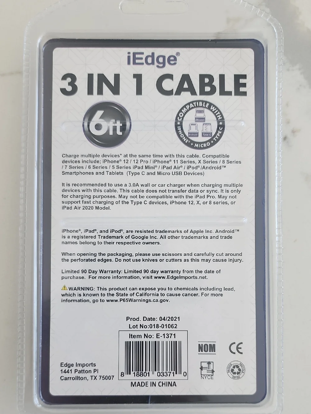 edge 3-in-1 6ft Charging Cable - Black